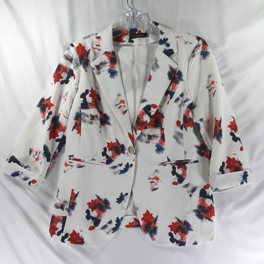 Beninos Womens Floral Blazer White Red Navy Blue 3/4 Sleeve Single Button Size L